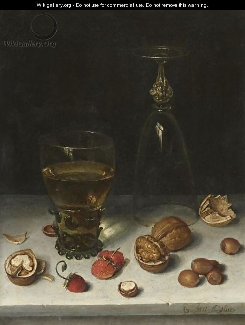 Still Life Of Walnuts, Hazelnuts, Strawberries, A Roemer And An Overturned Wine Glass, All Resting On A Table - Floris Claesz Van Dijck
