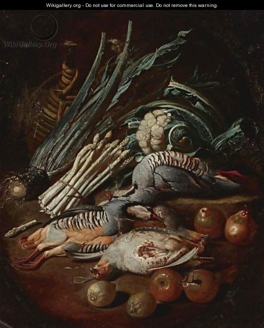 Still Life With Birds, Fruit And Vegetables - Jacob van der (Giacomo da Castello) Kerckhoven
