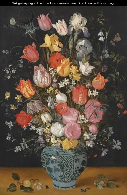 Still Life With Tulips, Roses, Lilies, Irises, Poppies, Hyacinths And Other Flowers In A Blue And White Delft Porcelain Vase - Jan, the Younger Brueghel