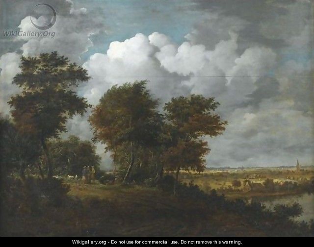 An Extensive Landscape With Figures And Sheep On A Path Through Woodland To The Left - Philips Koninck