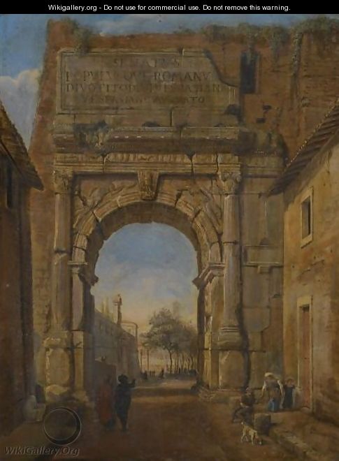 The Arch Of Titus With Figures Conversing In The Foreground - (after) Caspar Andriaans Van Wittel