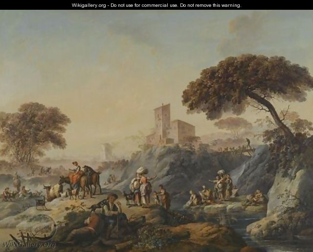 A Southern Landscape With Figures Beside A Stream - Joaquim Marques