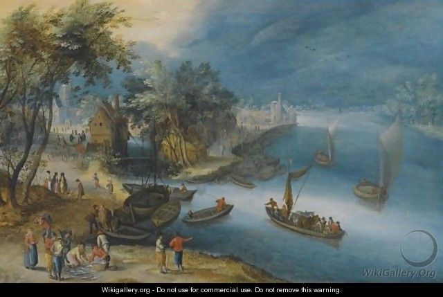 A Fluvial Landscape With Fishermen Unloading Their Catch - (after) Jan The Elder Brueghel