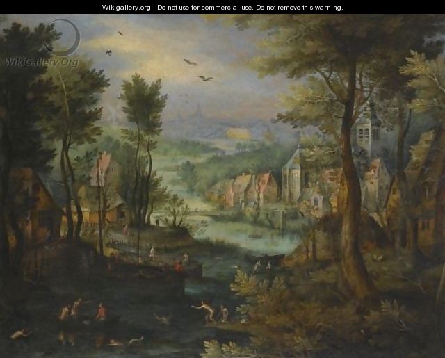 A River Landscape With Figures Bathing And A Village Beyond - (after) Jan The Elder Brueghel