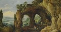 An Extensive River Landscape With Horsemen Before A Rocky Arch In The Foreground - Joos De Momper