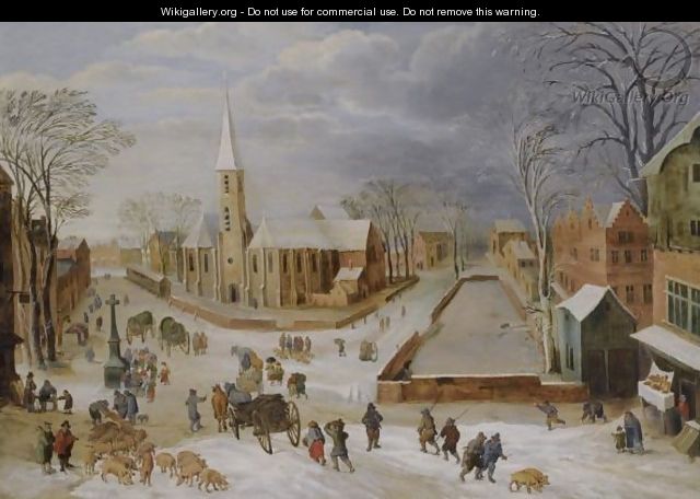An Urban Winter Landscape With A Farrow Of Pigs In The Foreground - (after) Joos Or Josse De, The Younger Momper