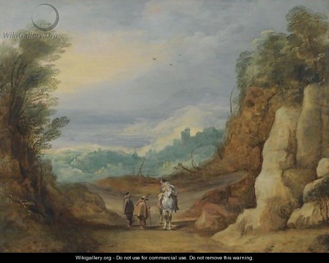 An Extensive Rocky Landscape With Two Monks And A Horseman In The Foreground - (after) Joos De Momper