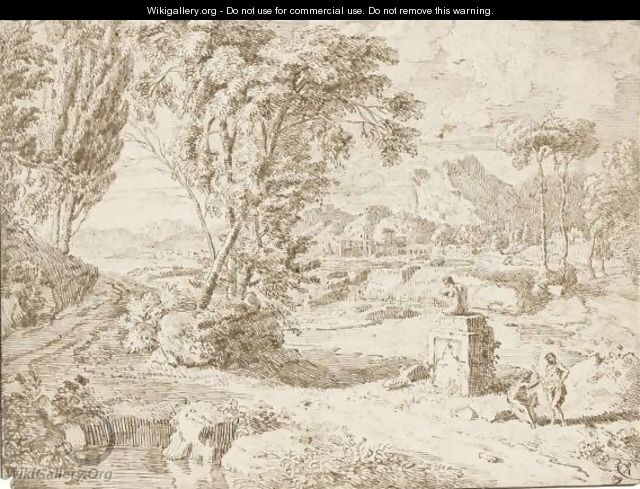Italianate Landscape With Two Figures Resting By A Ruined Statue - Johannes (Polidoro) Glauber
