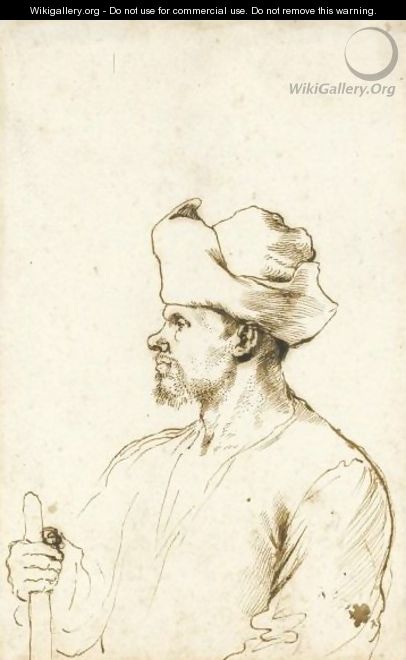 A Man Seen In Profile, Half Length, Wearing A Hat And Holding A Stick - Giovanni Francesco Guercino (BARBIERI)