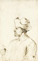 A Man Seen In Profile, Half Length, Wearing A Hat And Holding A Stick - Giovanni Francesco Guercino (BARBIERI)