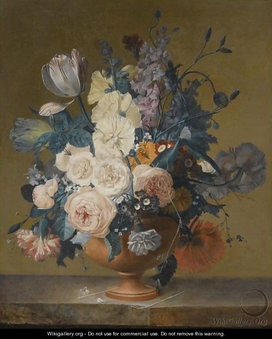 A Still Life Of Roses, Tulips, Peonies, Stocks, Carnations, Poppies And Other Flowers In A Terracotta Vase On A Marble Ledge - Jean-Louis Prevost
