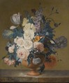 A Still Life Of Roses, Tulips, Peonies, Stocks, Carnations, Poppies And Other Flowers In A Terracotta Vase On A Marble Ledge - Jean-Louis Prevost