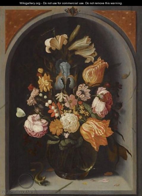 A Still Life Of Tulips, Lilies, Moss Roses, An Iris And Other Flowers In A Glass Vase In A Marble Niche, With Butterflies And A Lizard - Jan Baptist van Fornenburgh