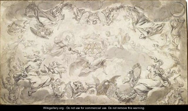 Design For A Ceiling Decoration With Allegorical Virtues Surrounding Entwined Initials Over Which Jupiter Holds A Crown - Godfried Maes