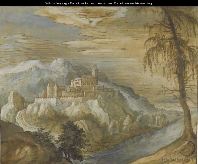 Mountainous River Landscape With A Fortified Town - Joos De Momper