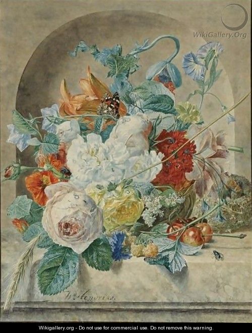 Still Life Of Flowers And Fruit In A Niche, With A Bird