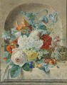 Still Life Of Flowers And Fruit In A Niche, With A Bird's Nest - Wybrand Hendriks