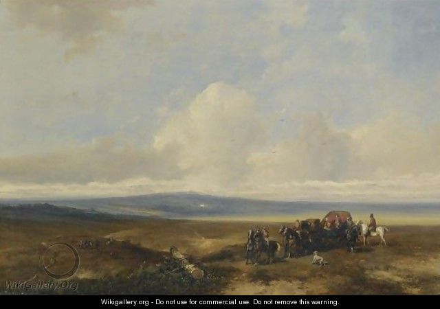 An Extensive Landscape With Elegant Figures In An Open-Topped Carriage, Horsemen Hunting In The Distance - Johannes Franciscus Hoppenbrouwers