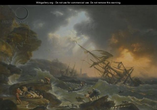 A Storm At Sea With A Shipwreck Off The Coast And Drowning Figures In The Foreground - Jean Francois Foucher