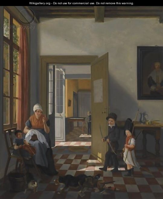 An Interior With A Woman Sewing, A Baby And Two Children Dressed Up As Soldiers - Abraham van, I Strij