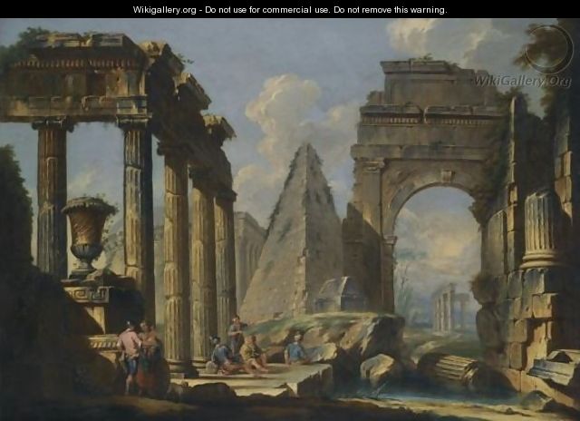 A Landscape With Classical Ruins And Figures Resting In The Foreground - (after) Giovanni Paolo Panini
