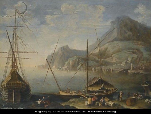 A Mediterranean Coastal Scene With Figures Unloading Cargo From Boats In The Foreground - Agostino Tassi