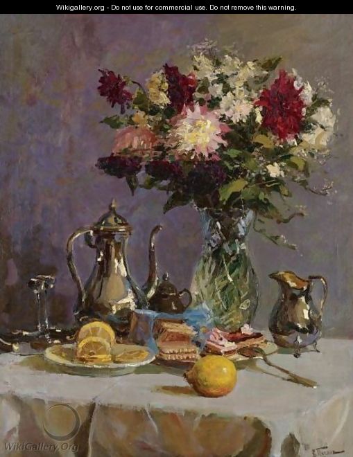 Still Life With Teapot And Flowers - Vladimir Nikolaevich Pchelin
