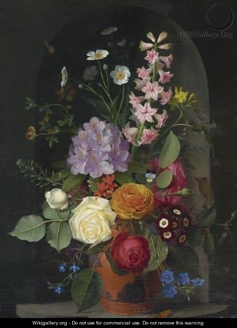 A Bouquet In A Wedgwood Rosso Antico Vase, Set In A Niche - Otto Didrik Ottesen