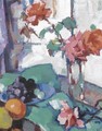 Still Life Of Roses With A Green Tablecloth - Samuel John Peploe