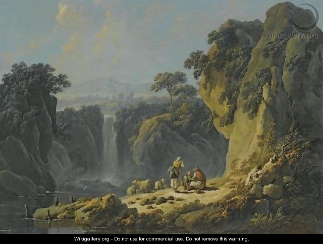 A Landscape With Peasants Resting Their Flock Beside A Waterfall - Jean-Baptiste Pillement
