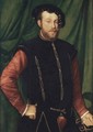 Portrait Of A Gentleman, Three-Quarter Length, Wearing A Black Cap, A Black-Slashed Singlet Over A Red Shirt, Holding A Sword - (after) Jan Steven Van Calcar
