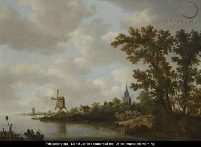 A River Landscape With Figures In A Boat In The Foreground And A Windmill And Church Beyond - Haarlem School