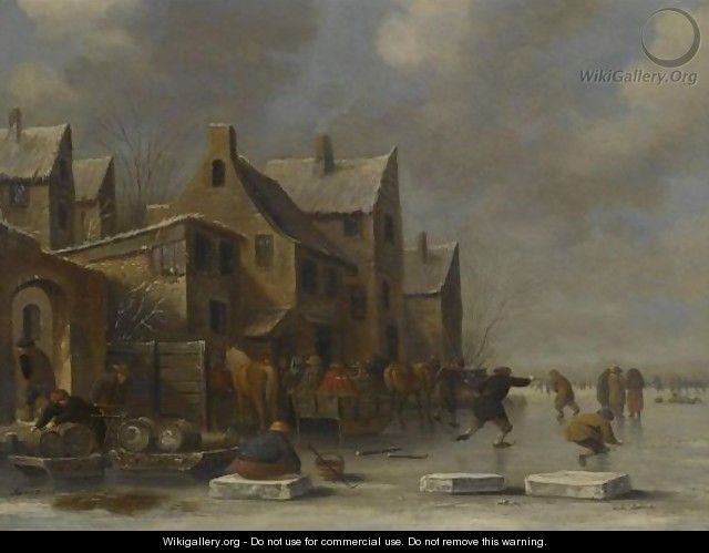 A Winter Landscape With A Resting Kolf Player And Other Figures Skating On A Frozen River - Thomas Heeremans
