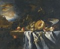 Still Life With A Melon In A Porcelain Bowl Together With Grapes And Peaches On A Wooden Ledge, A Landscape Beyond - Gregorius De Coninck