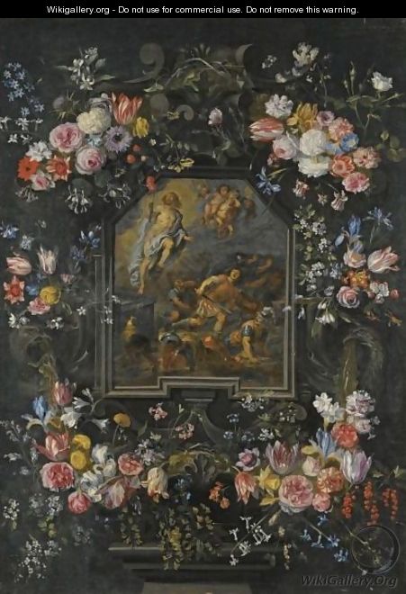 Garlands Of Flowers Surrounding A Stone Cartouche Inset With A Painting Depicting The Resurrection - Jan, the Younger Brueghel
