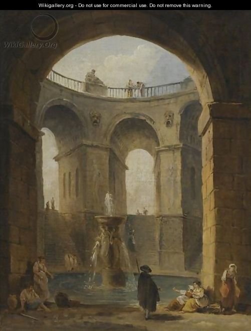 An Architectural Capriccio With Figures Gathered Around A Fountain - Hubert Robert
