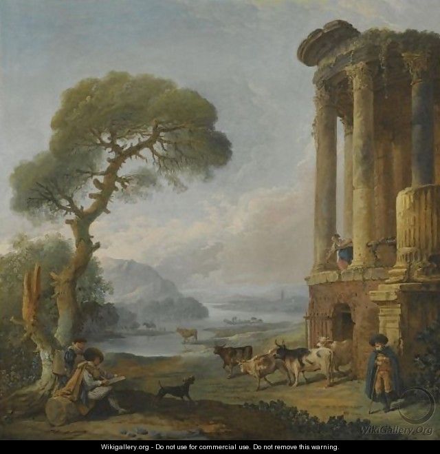 A River Landscape With An Artist Sketching Beneath A Ruined Temple, Possibly The Temple Of The Sibyl At Tivoli - Hubert Robert