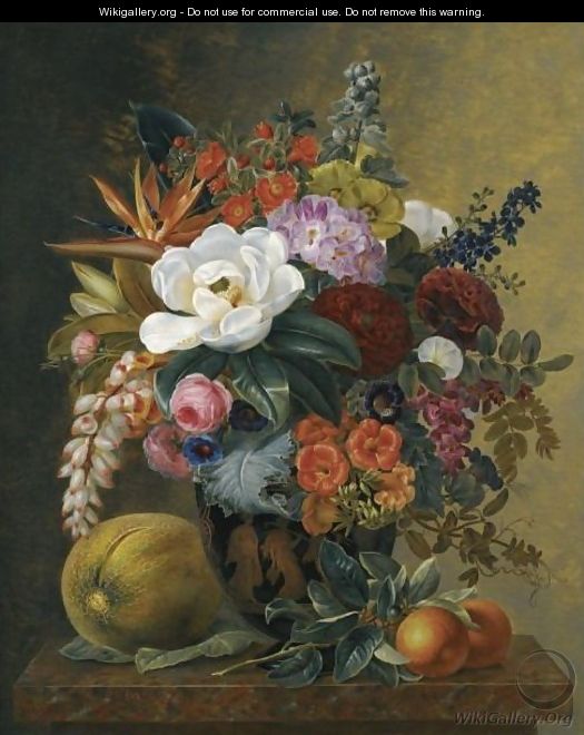 Exotic Blooms In A Grecian Krater With Fruit On A Marble Ledge - Johan Laurentz Jensen