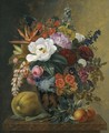 Exotic Blooms In A Grecian Krater With Fruit On A Marble Ledge - Johan Laurentz Jensen