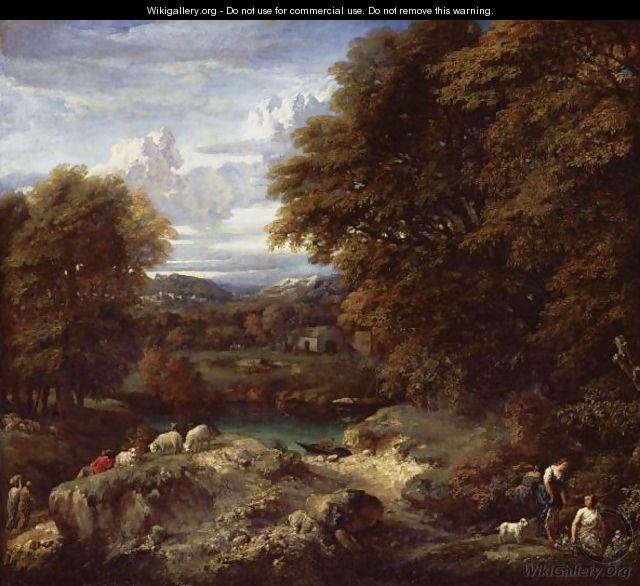 A Wooded River Landscape With A Shepherd Resting Near His Flock - Cornelis Huysmans
