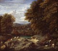 A Wooded River Landscape With A Shepherd Resting Near His Flock - Cornelis Huysmans
