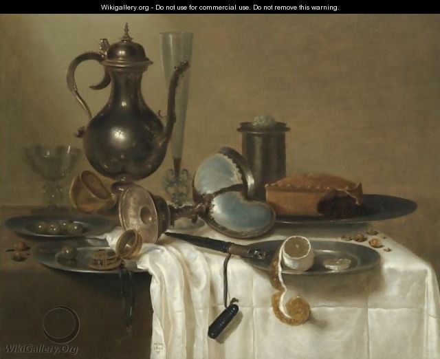 A Still Life With A Pewter Wine-Pot, An Overturned Nautilus Cup, A Flute-Glass, A Pewter Salt, A Pie On A Dish - (after) Willem Claesz. Heda