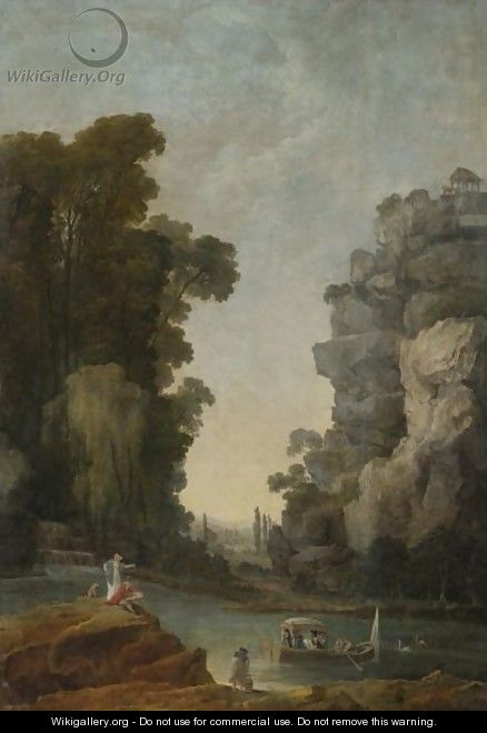 A Female Companion Observing A Boating Party In An Extensive Park - Hubert Robert