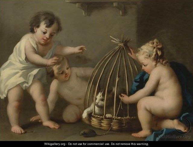 Putti Playing With A Cat - (after) Jacopo (Giacomo) Amigoni