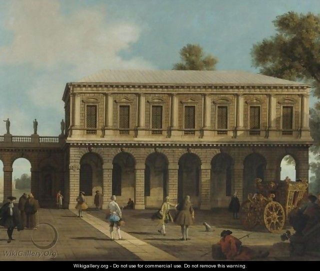 A Capriccio Of The Prisons Of San Marco Set In A Piazza With A Coach And Townsfolk - (Giovanni Antonio Canal) Canaletto