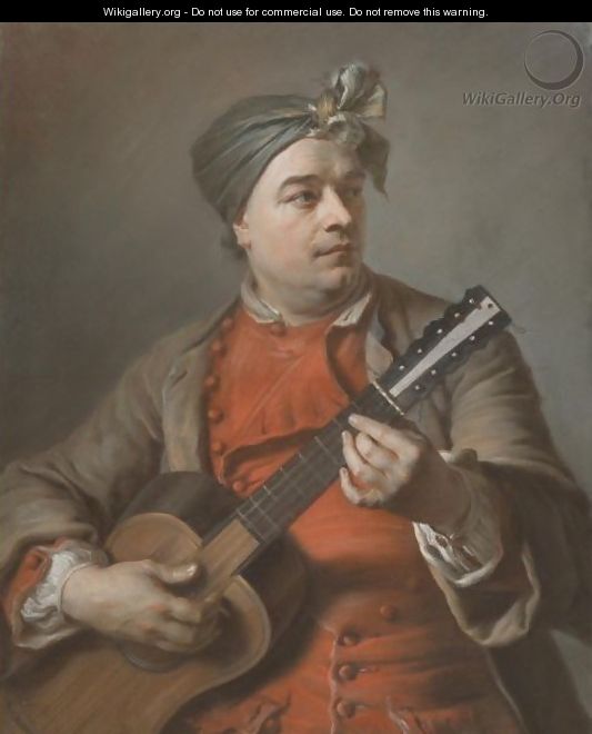 Portrait Of Jacques Dumont Le Romain Playing The Guitar - Maurice Quentin de La Tour