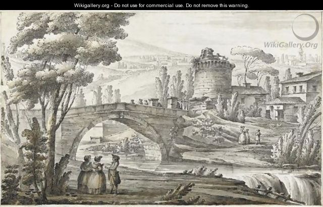 Landscape With Buildings And Figures Near A Bridge - Giacomo Quarenghi