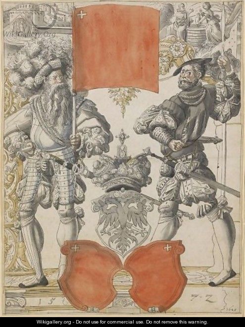 The Arms Of Canton Schwyz Between Two Militiamen, With Christ And The Woman Of Samaria Above - (after) Daniel Lindtmayer