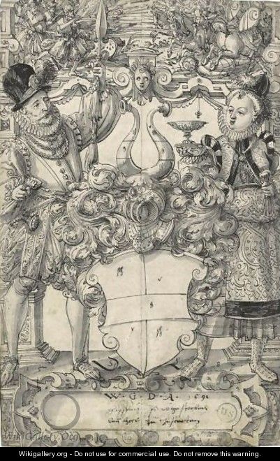 The Arms Of Habsberg Flanked By An Elegant Couple - Daniel Lindtmayer
