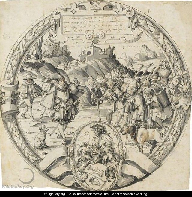 A Roundel With A Historical Scene From And The Arms Of Thomann Of Zurich - Christoph Murer